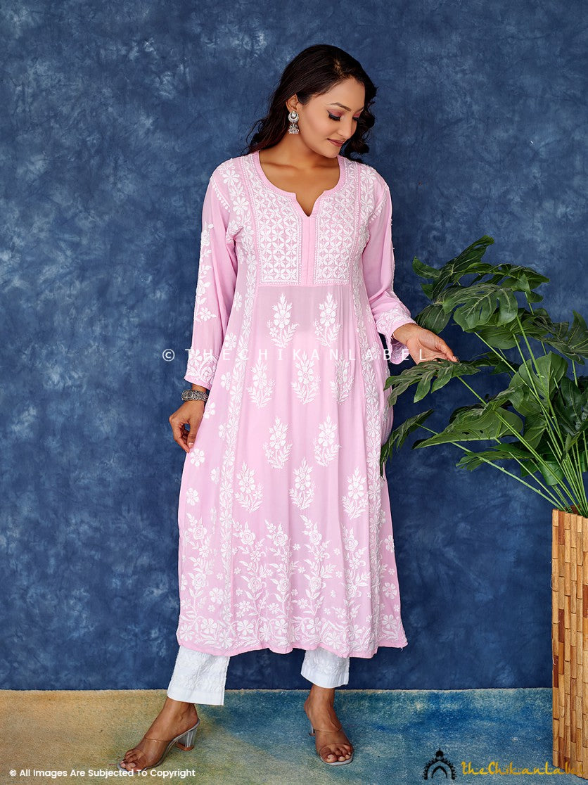 Baby Pink Modal Chikankari Anarkali Kurta ,Chikankari Anarkali Kurta In modal fabric For Woman