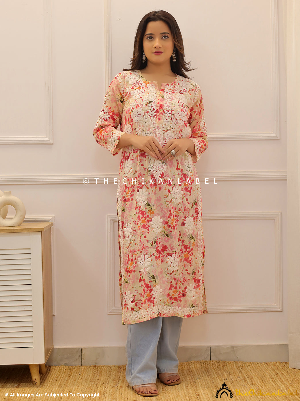 Peach Dhita Mulmul Printed Chikankari Straight Kurti