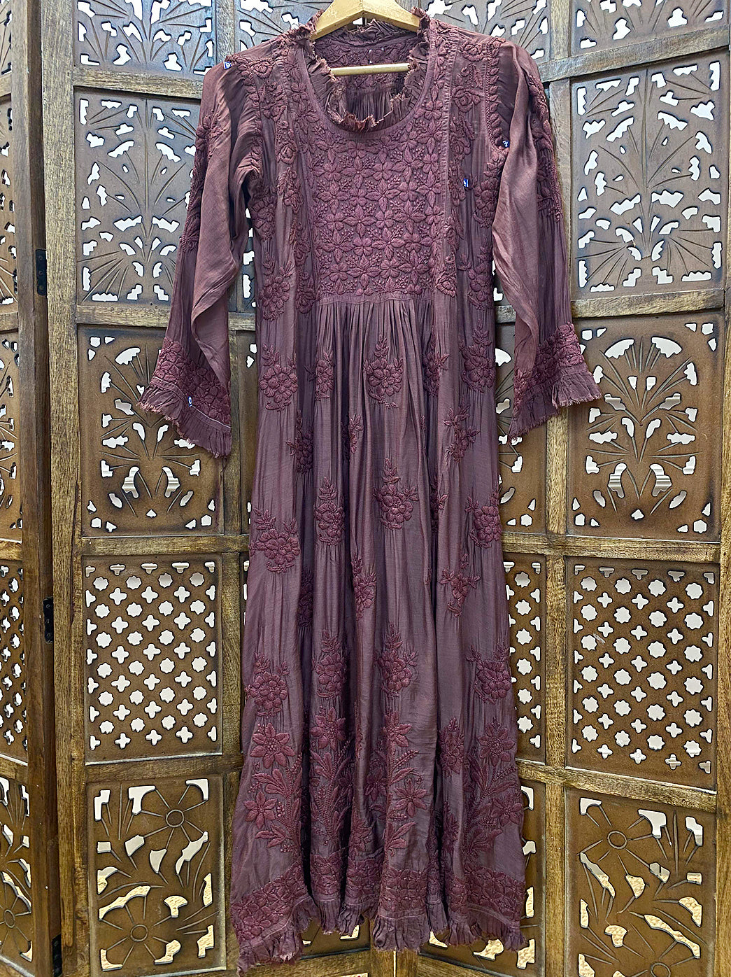 Choco Muslin Chikankari A-Line Kurti