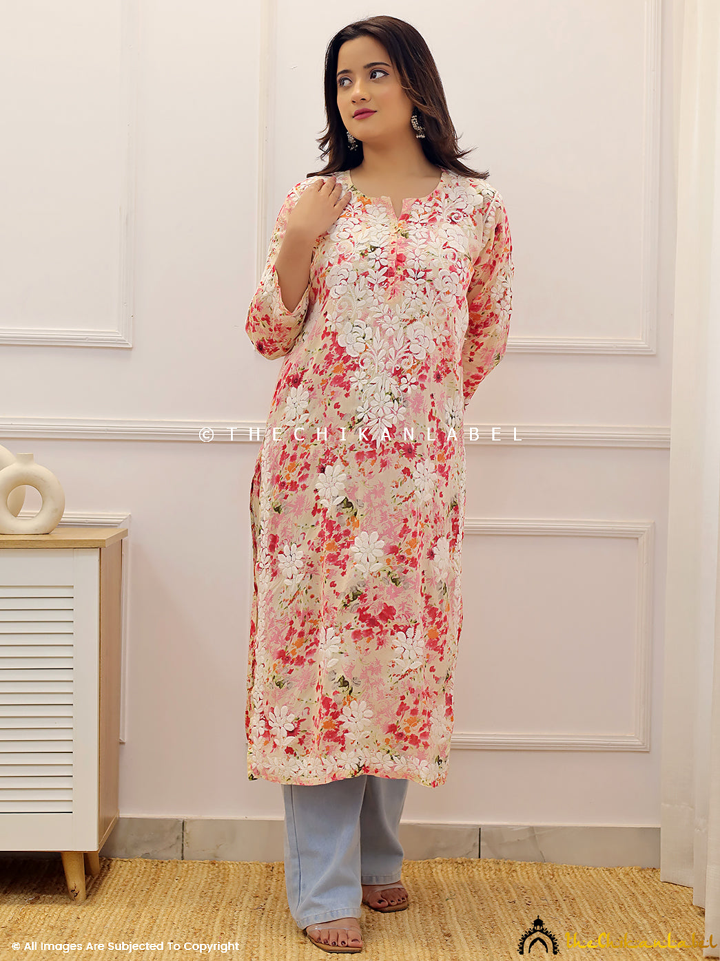 Peach Dhita Mulmul Printed Chikankari Straight Kurti