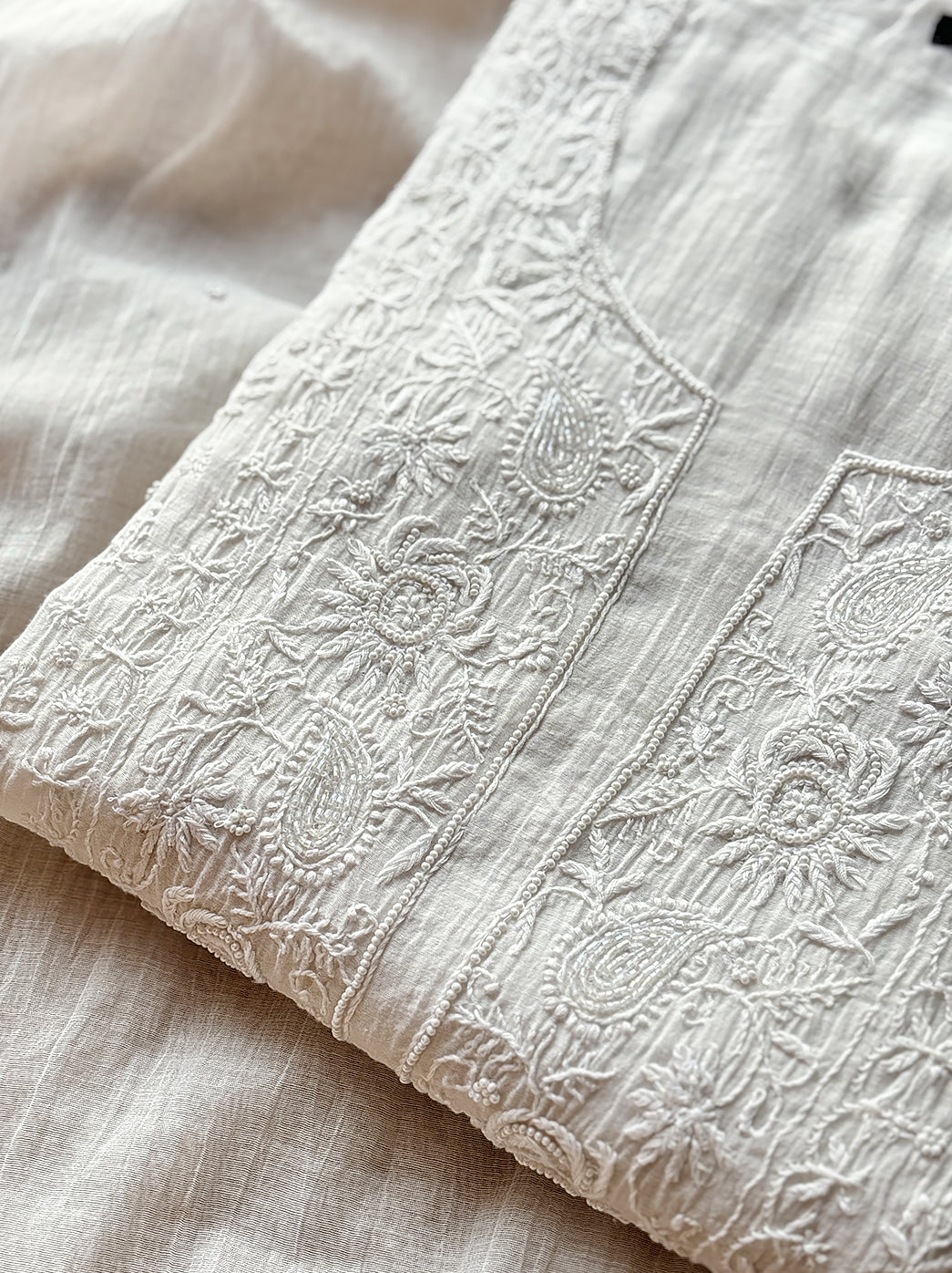 White Mulmul Chanderi Un-stitched Chikankari Suit with Dupatta