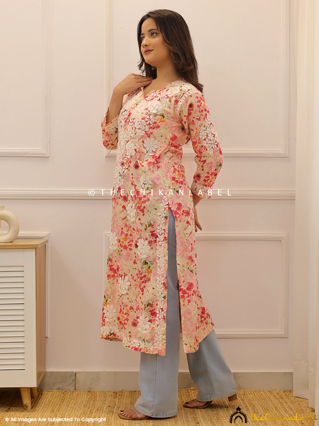 Peach Dhita Mulmul Printed Chikankari Straight Kurti