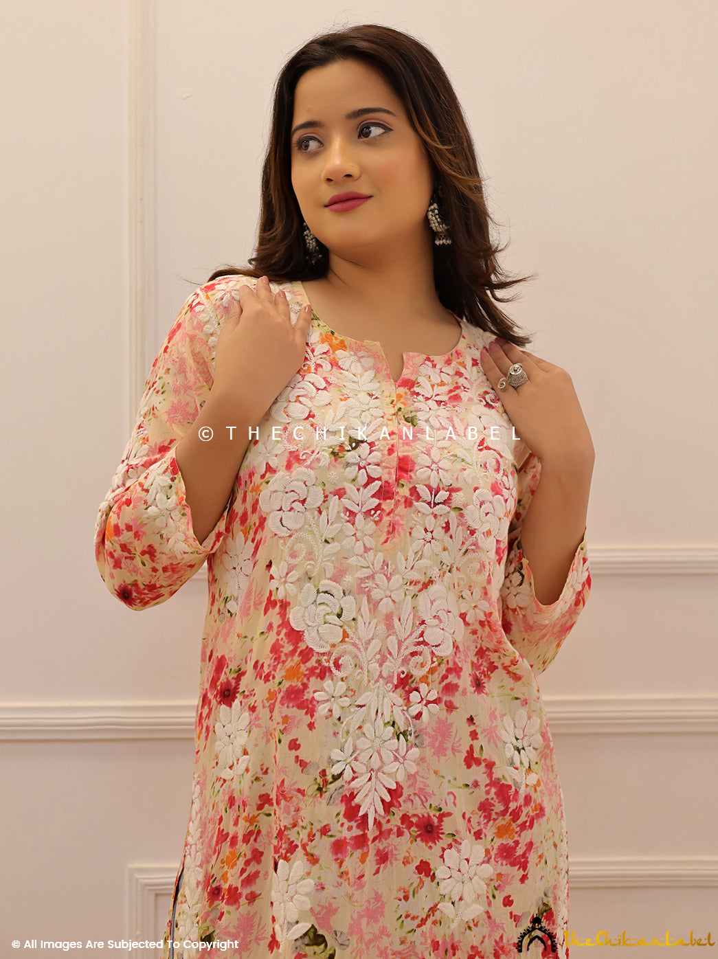 Peach Dhita Mulmul Printed Chikankari Straight Kurti