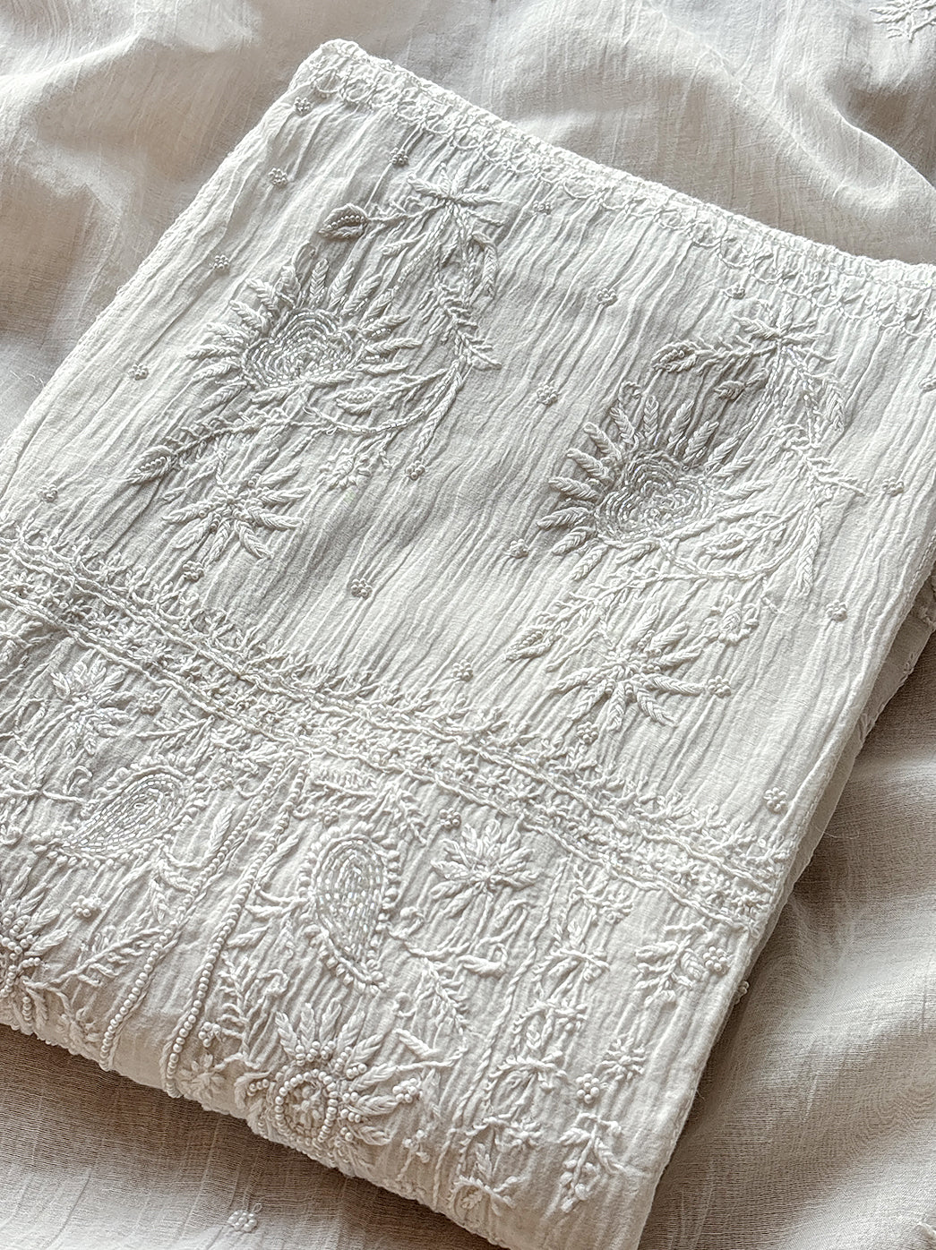 White Mulmul Chanderi Un-stitched Chikankari Suit with Dupatta