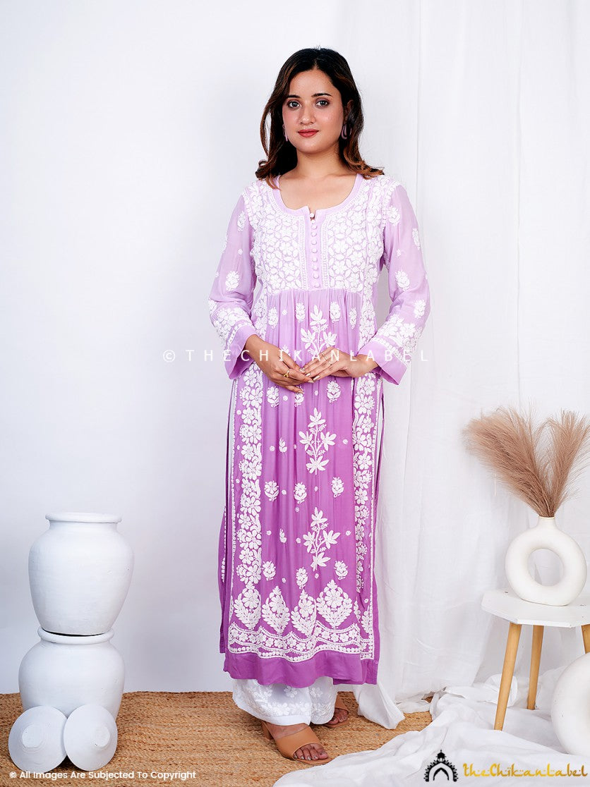 Lavender Vidhi Muslin Chikankari Straight Kurti