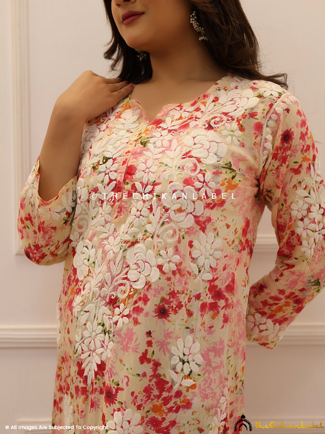 Peach Dhita Mulmul Printed Chikankari Straight Kurti