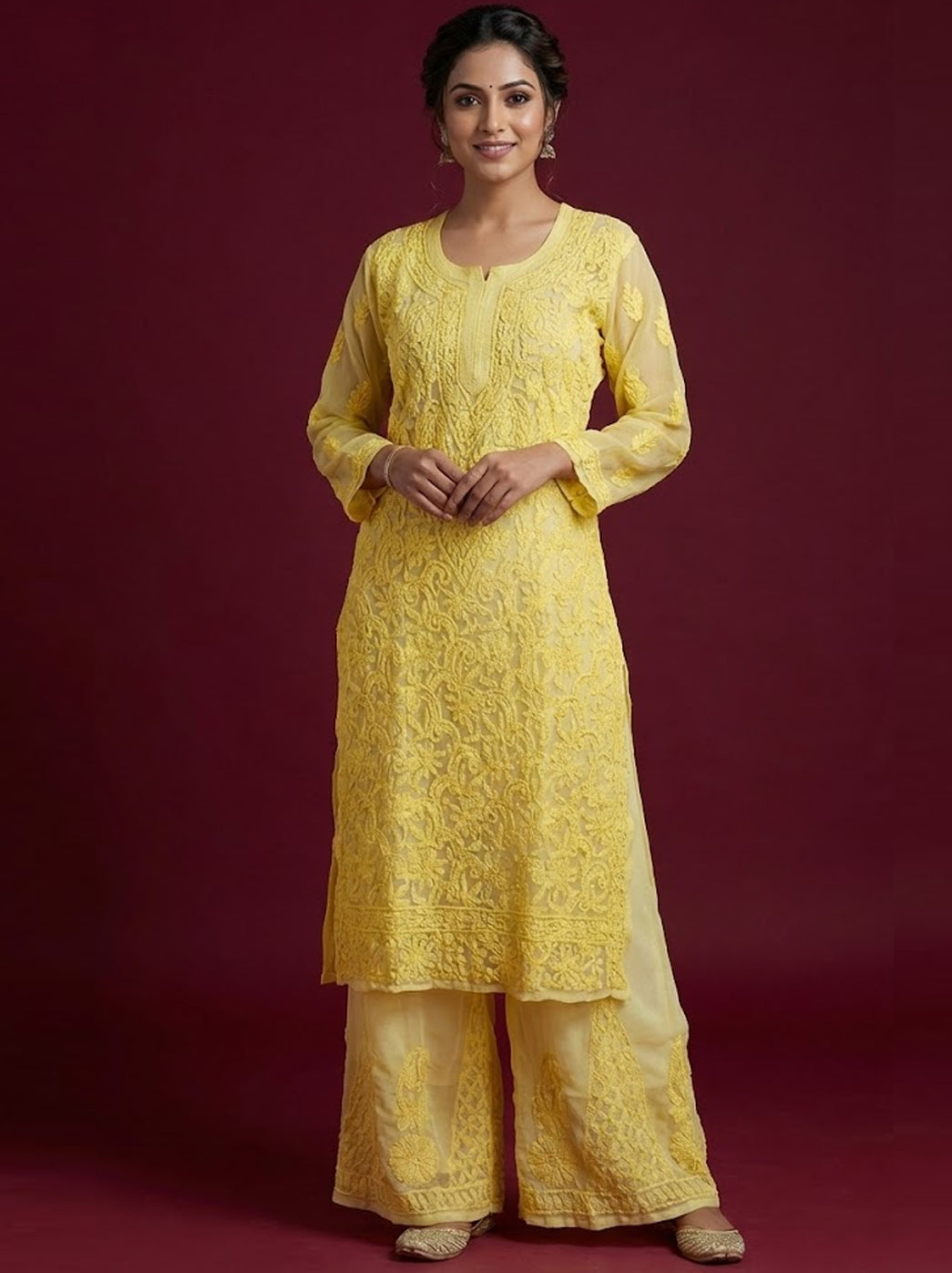 Yellow Georgette Chikankari Kurti Sharara Set
