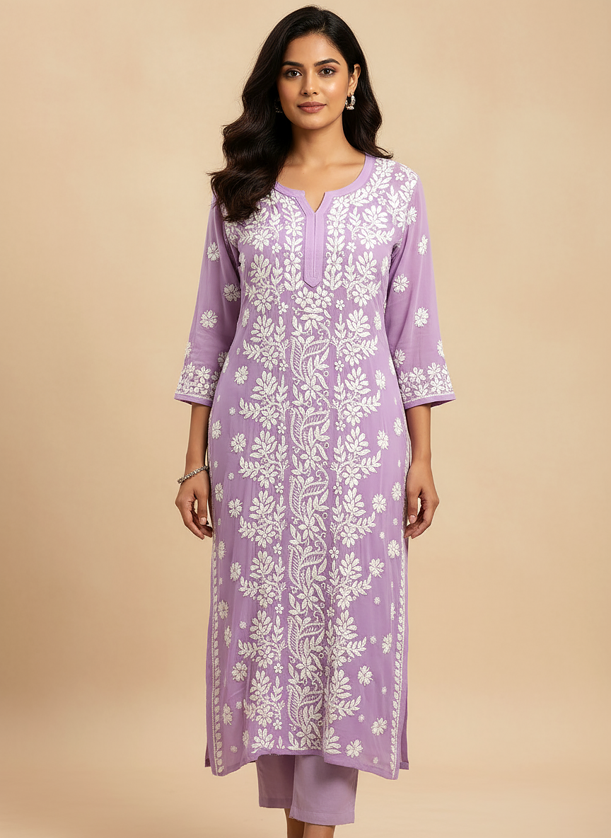 Lavender Viscose Chikankari Straight Kurti