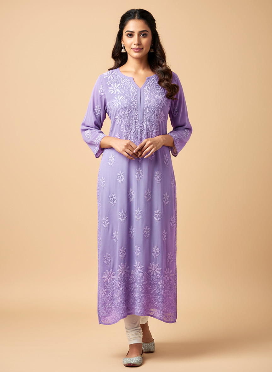 Purple Viscose Chikankari Straight Kurti