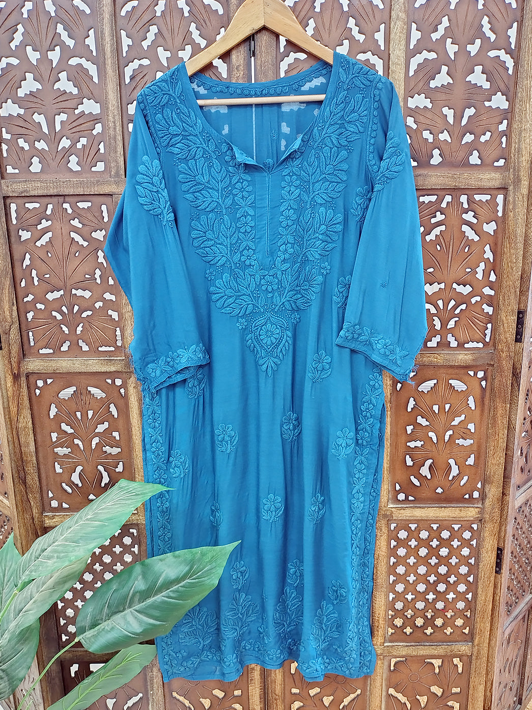 Blue Muslin Chikankari Straight Kurti