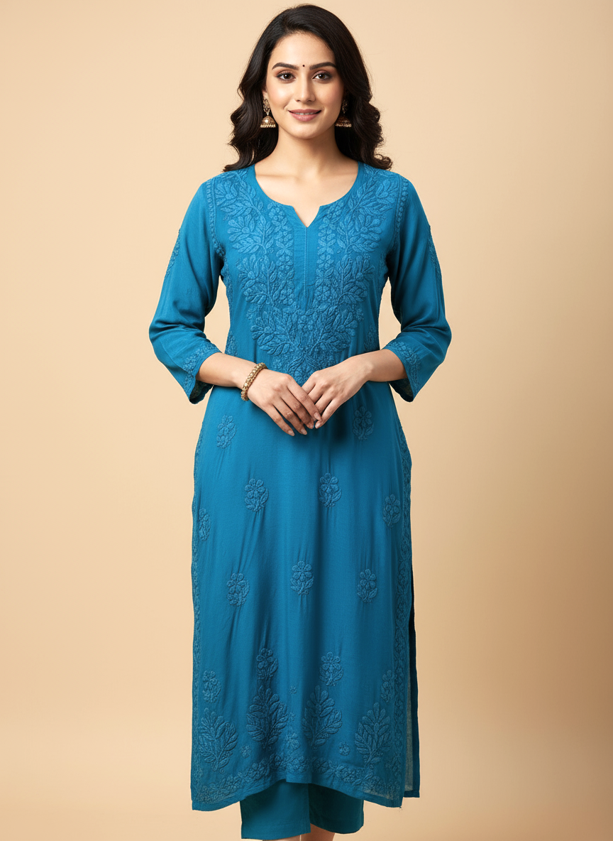 Blue Muslin Chikankari Straight Kurti