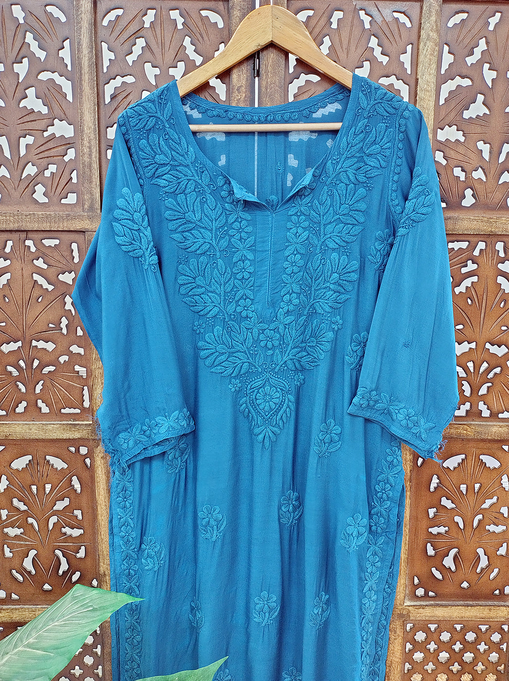 Blue Muslin Chikankari Straight Kurti