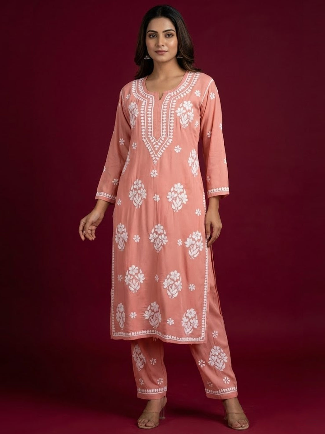 Light Peach Rayon Chikankari Kurti Palazzo Set