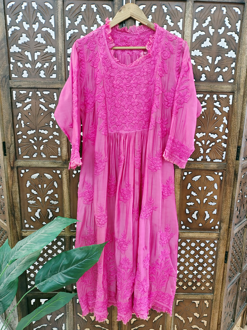 Peach Muslin Chikankari A-Line Kurti