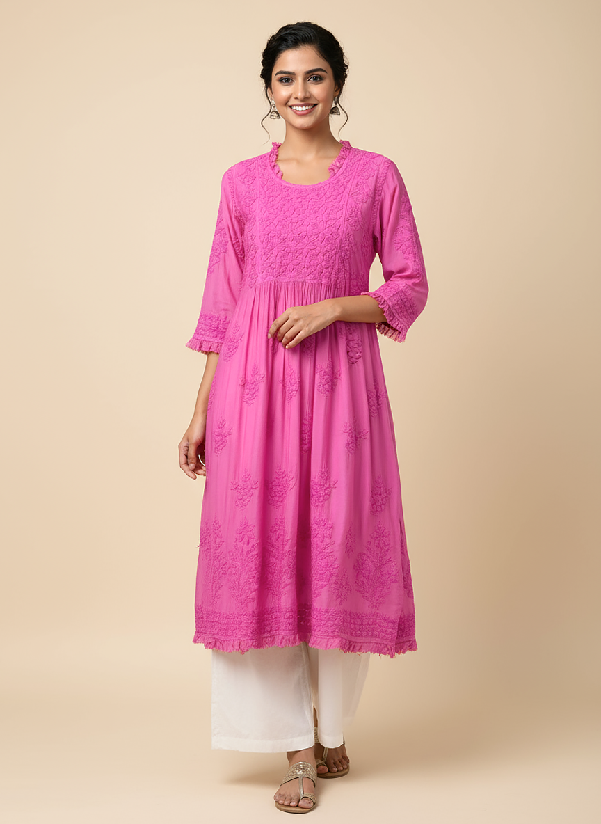 Peach Muslin Chikankari A-Line Kurti