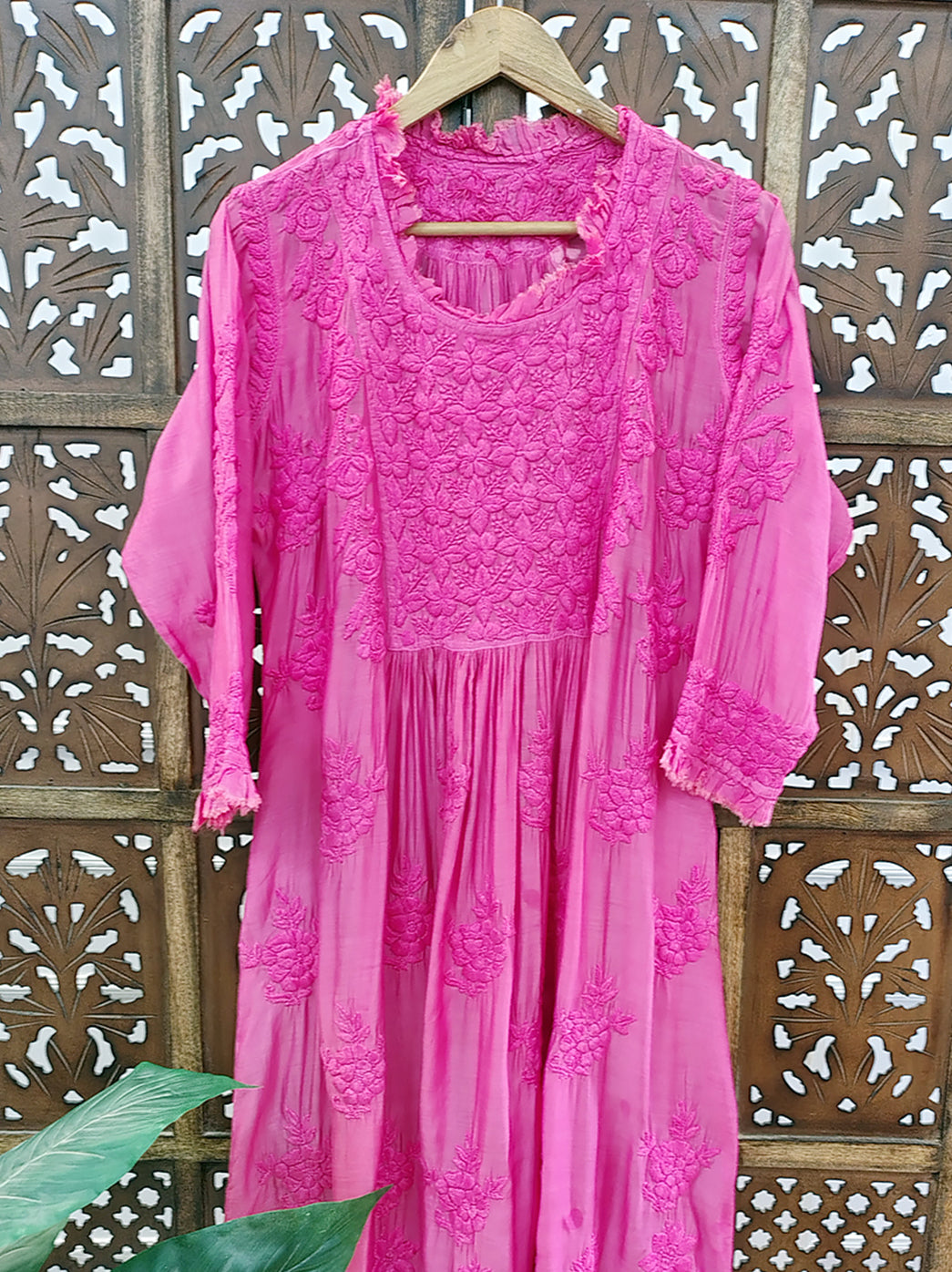 Peach Muslin Chikankari A-Line Kurti