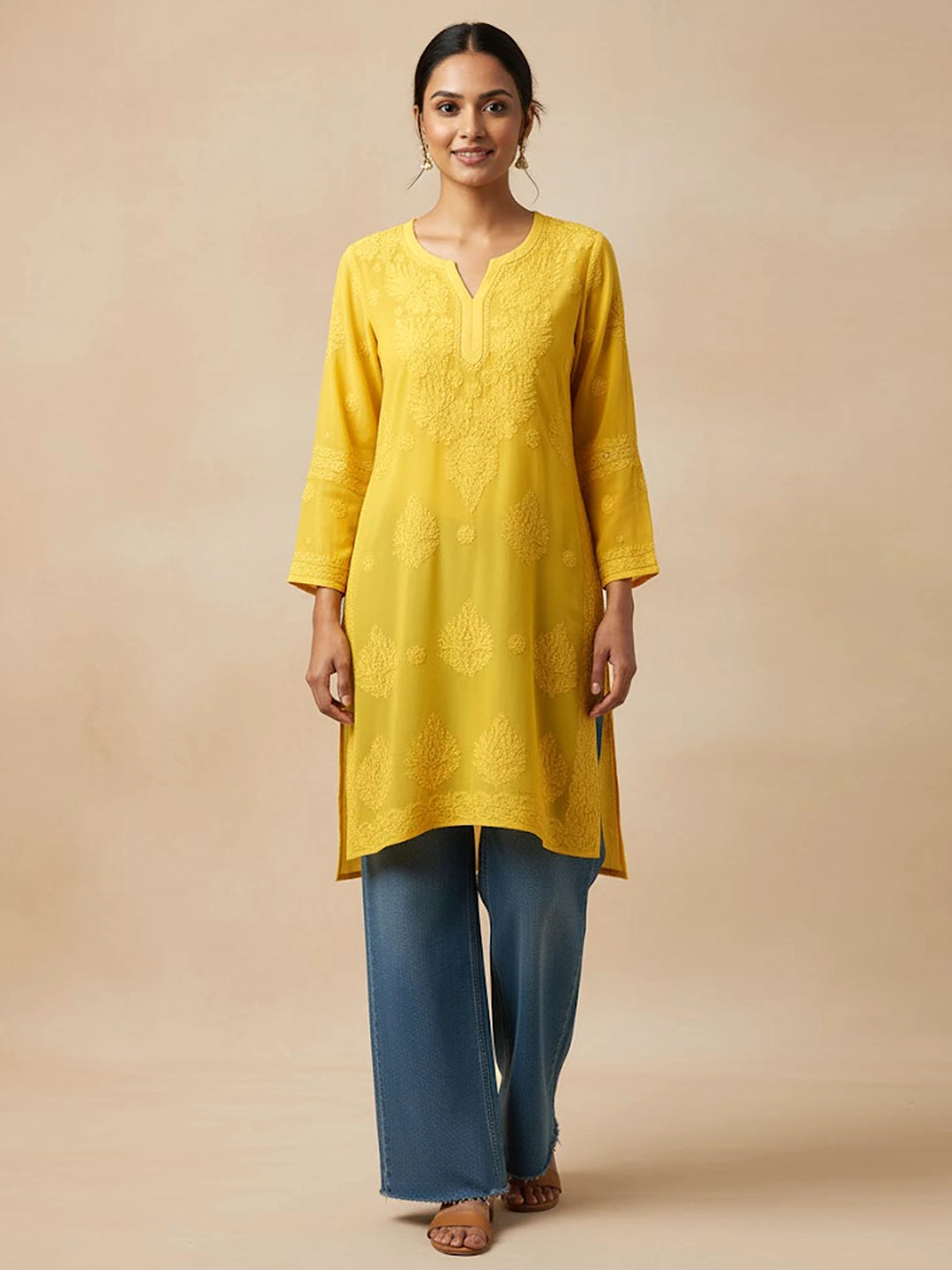 Yellow Viscose Chikankari Short Kurta