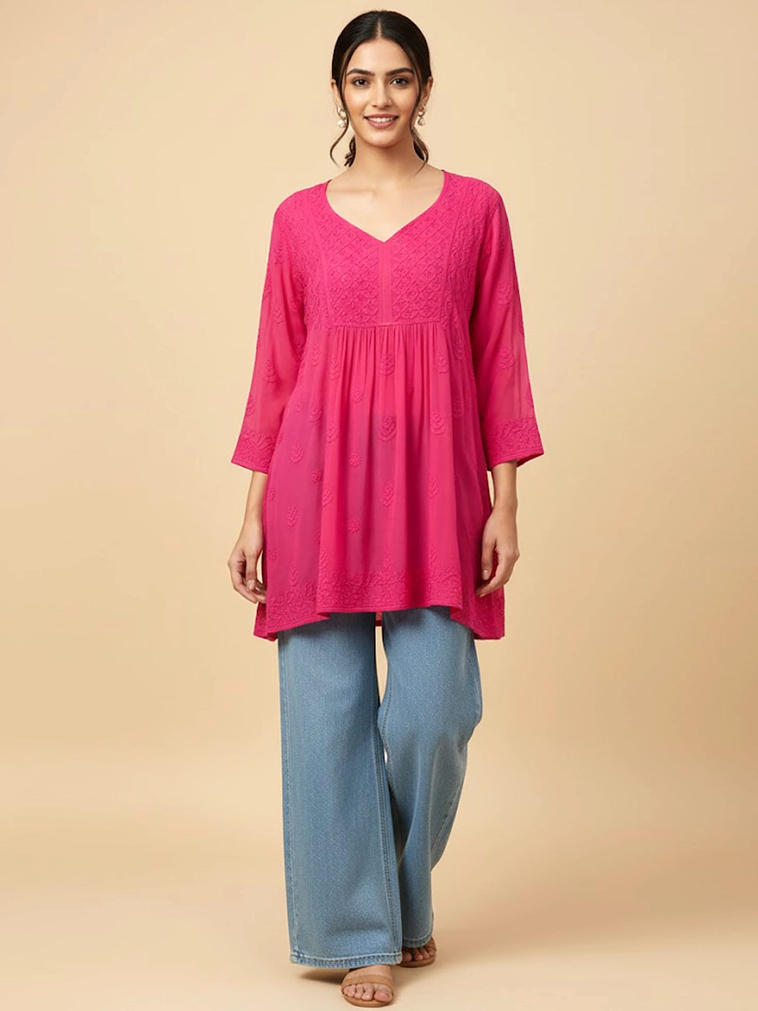 Peach Viscose Chikankari Short Top