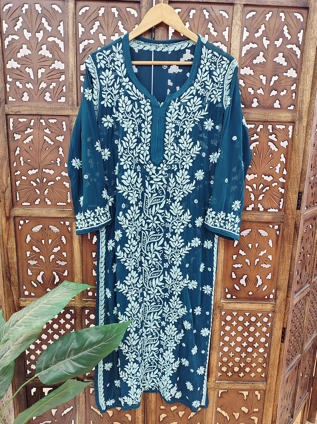 Teal Green Viscose Chikankari Straight Kurti