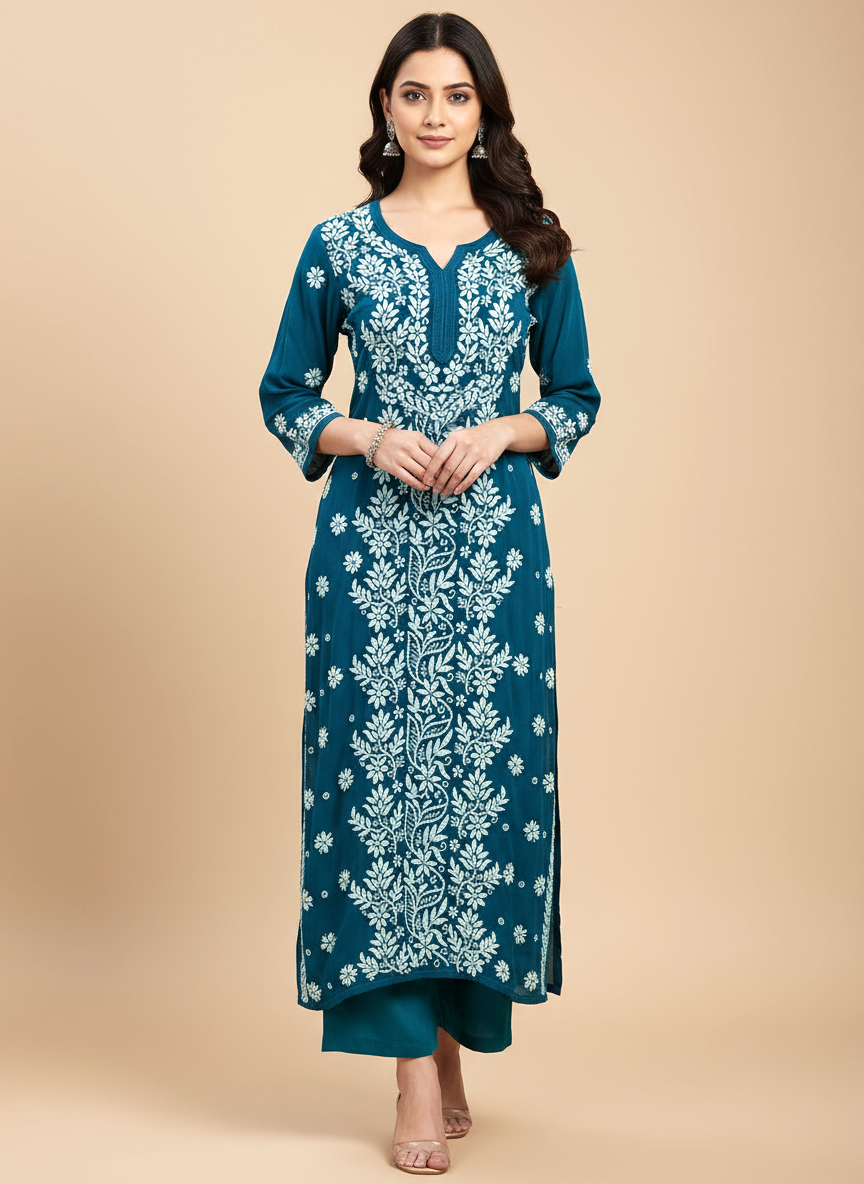 Teal Green Viscose Chikankari Straight Kurti