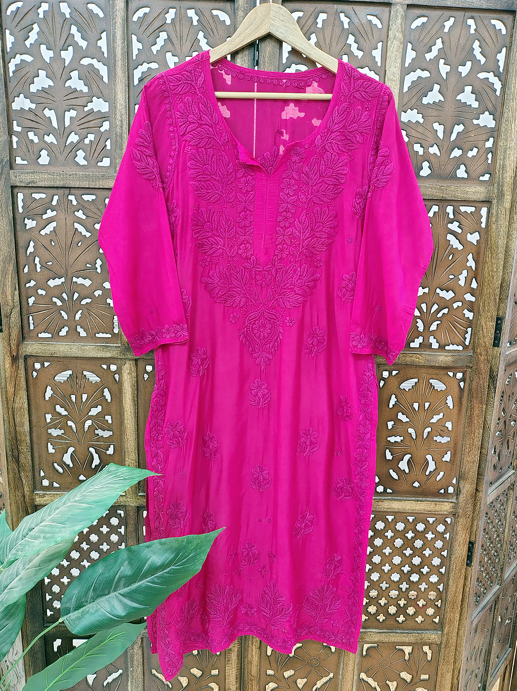 Hot Pink Muslin Chikankari Straight Kurti