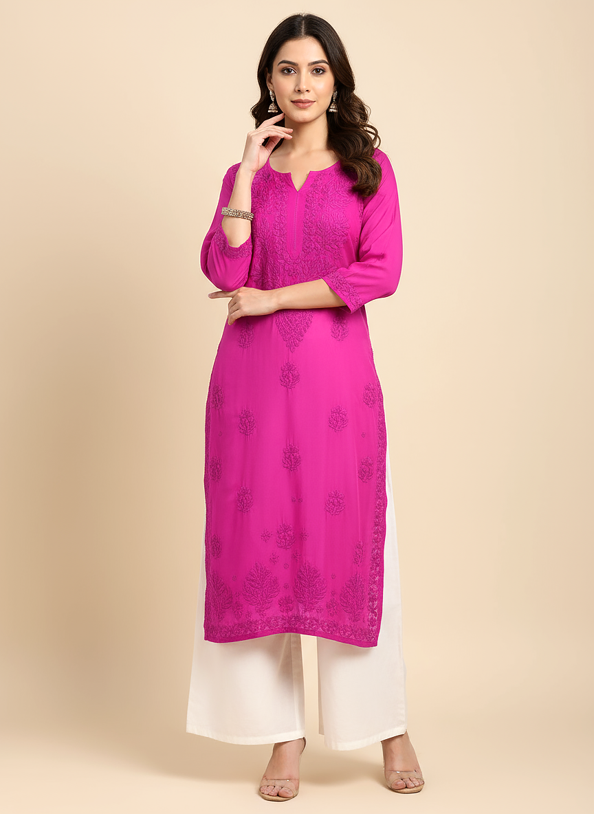 Hot Pink Muslin Chikankari Straight Kurti