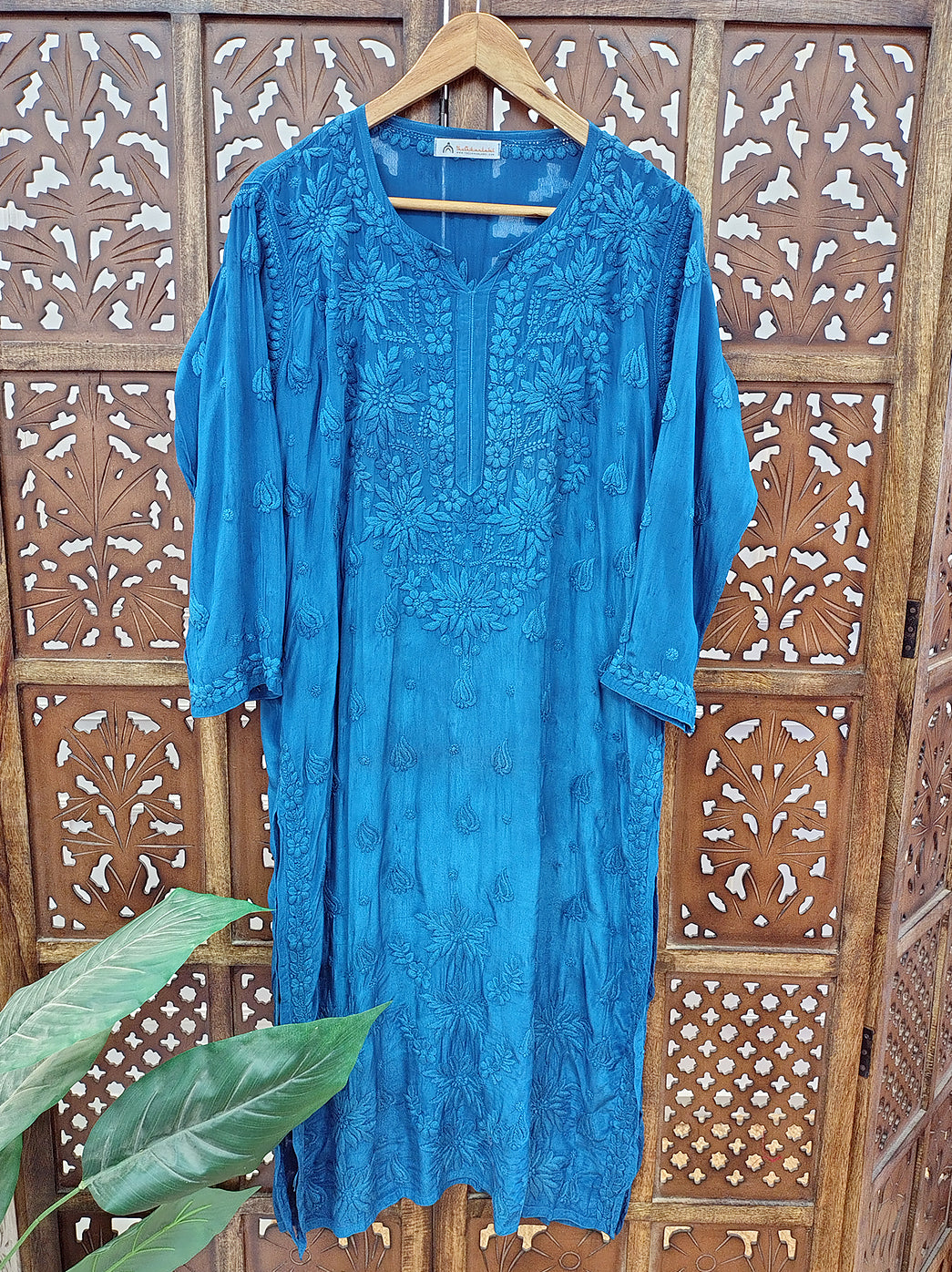 Blue Crepe Chikankari Straight Kurti