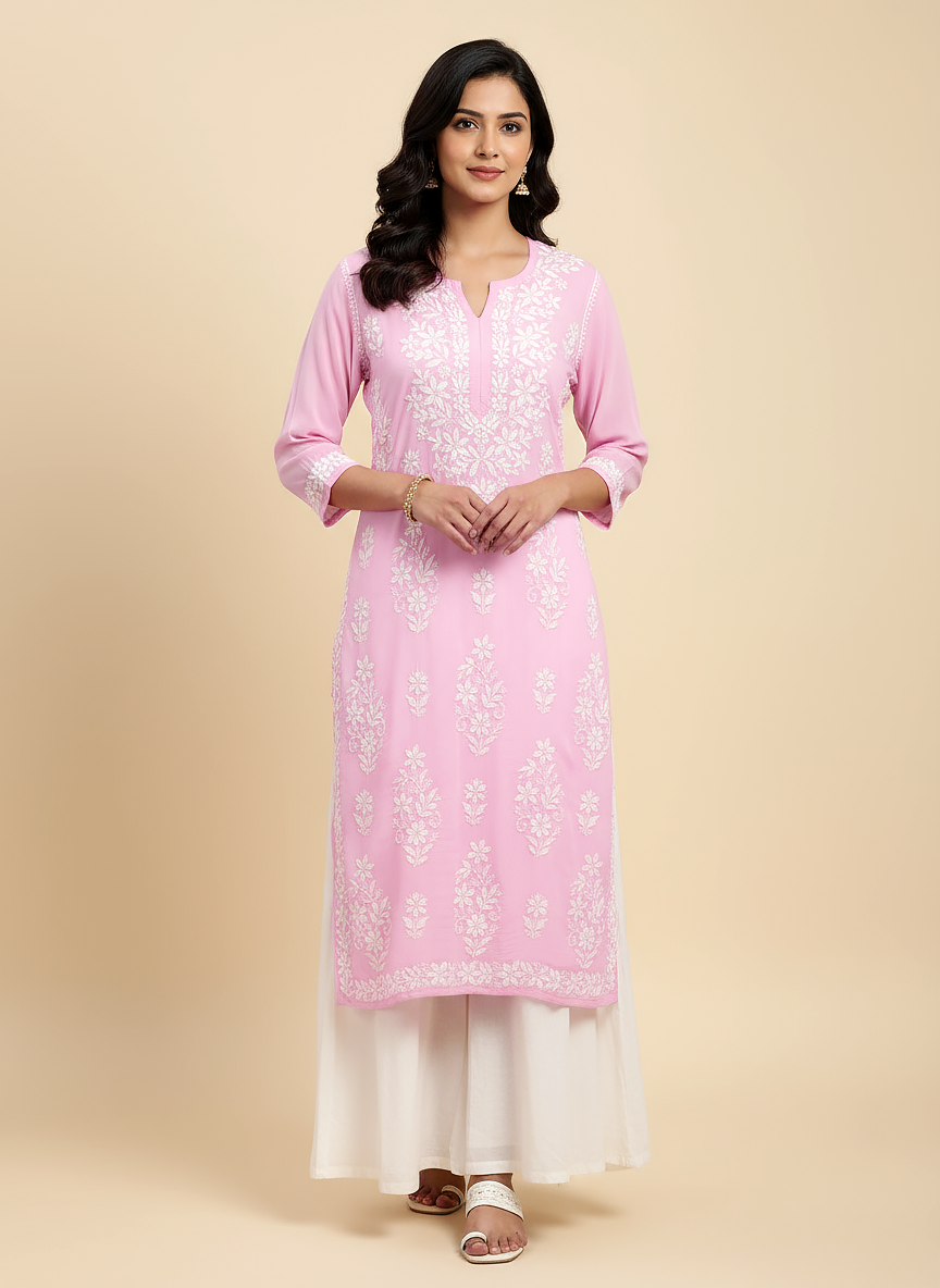 Baby Pink Modal Chikankari Straight Kurti