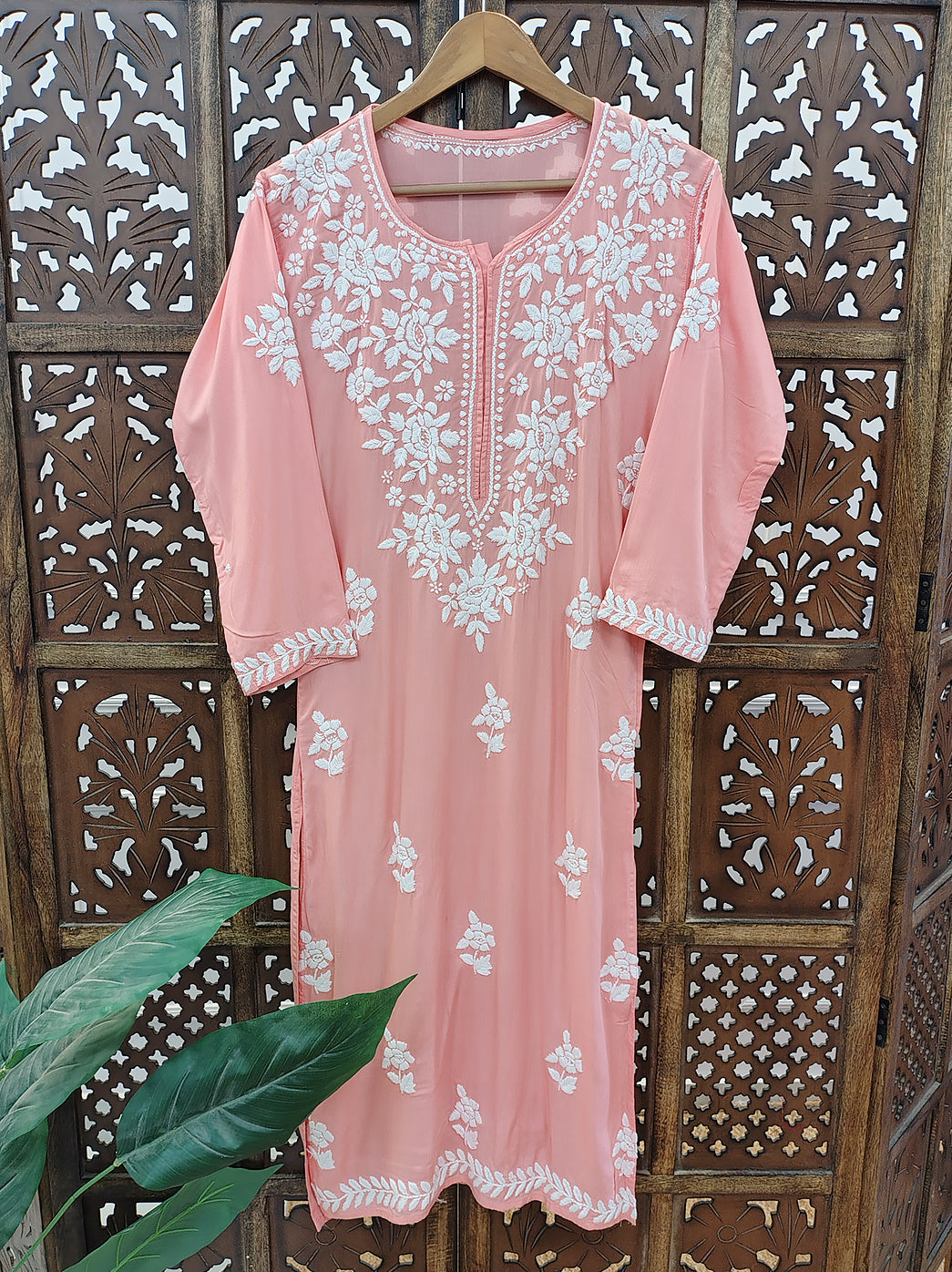 Peach Modal Chikankari Straight Kurti