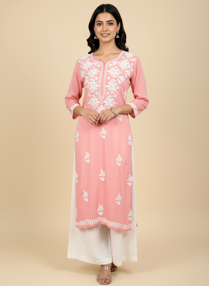 Peach Modal Chikankari Straight Kurti