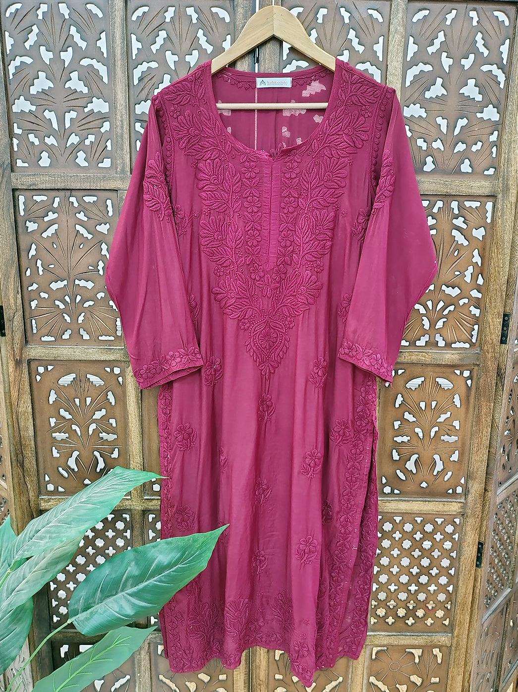 Maroon Muslin Chikankari Straight Kurti