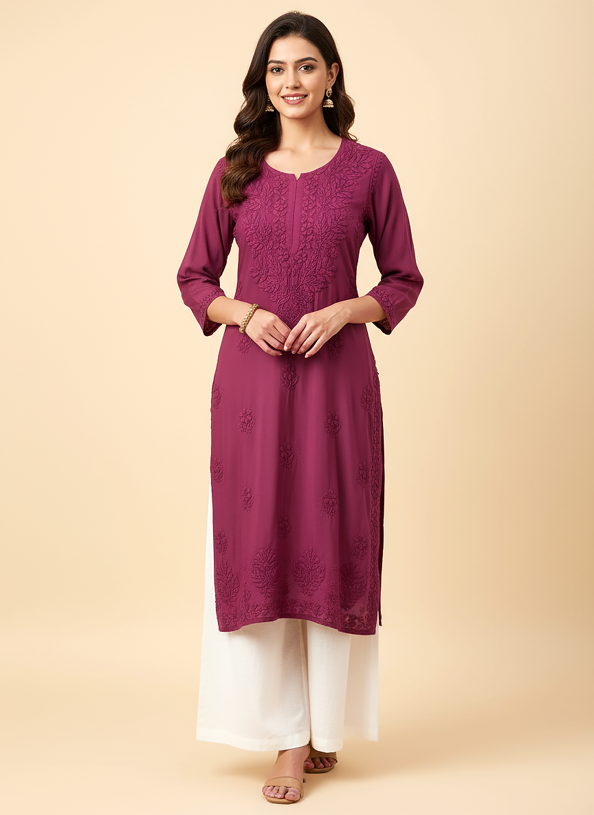 Maroon Muslin Chikankari Straight Kurti