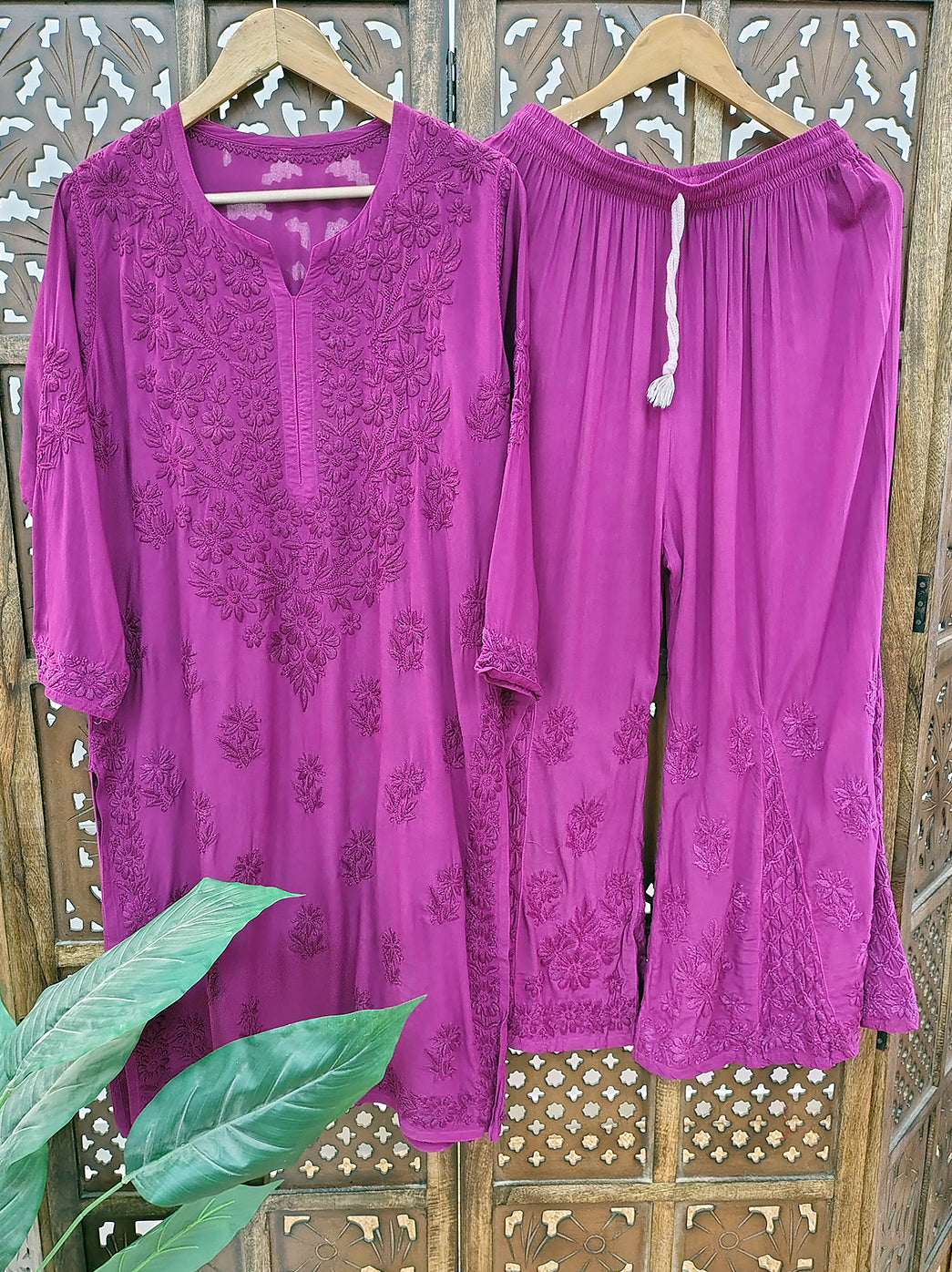 Wine Rayon Chikankari Kurti Palazzo Set