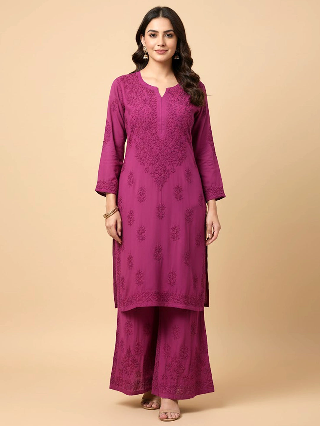 Wine Rayon Chikankari Kurti Palazzo Set