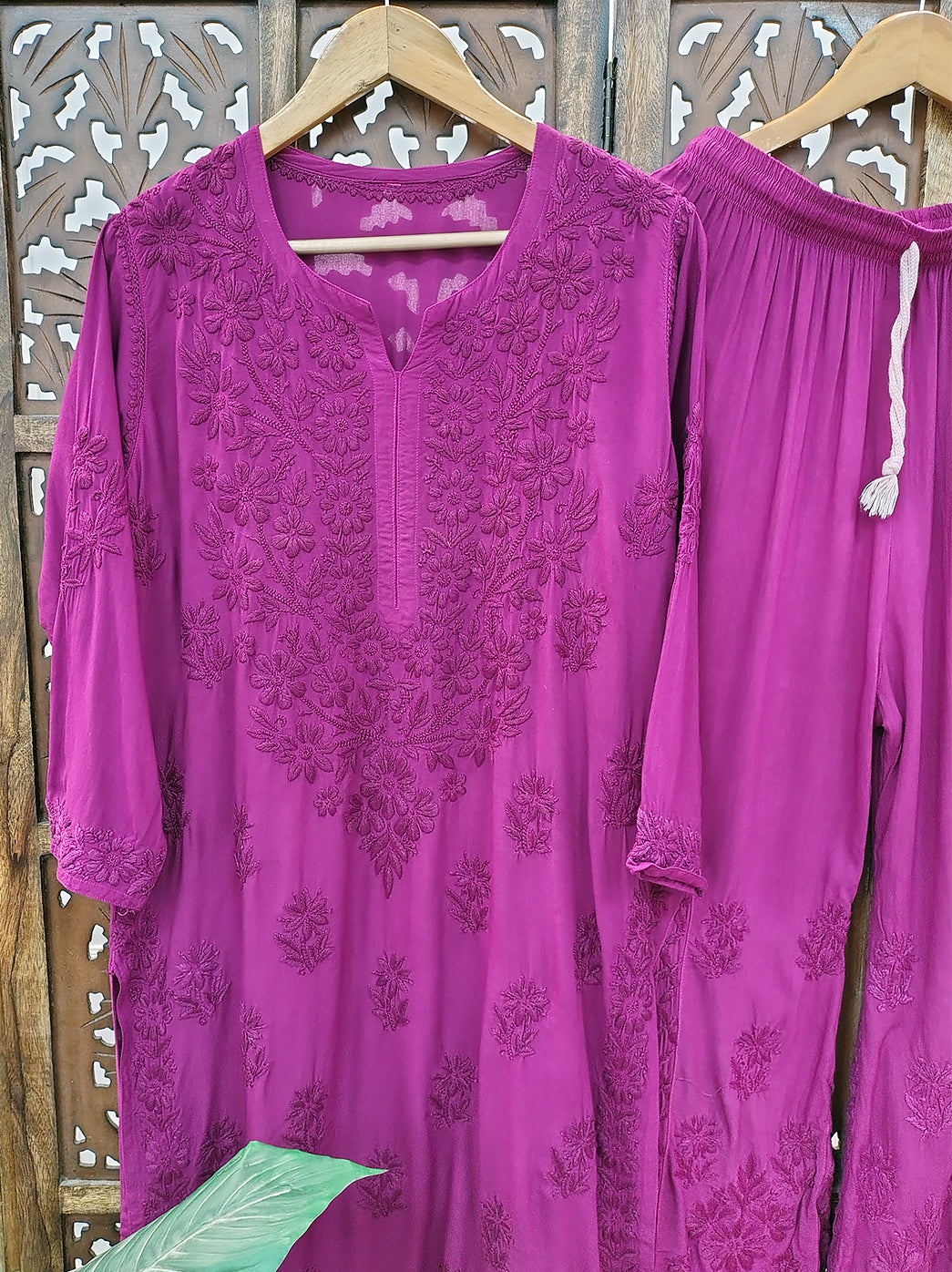 Wine Rayon Chikankari Kurti Palazzo Set