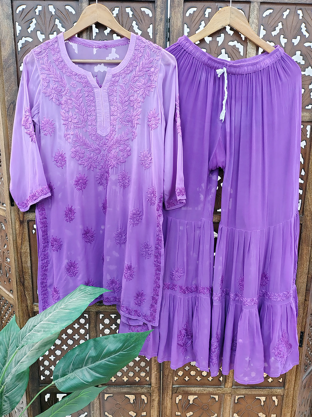 Purple Viscose Chikankari Straight Kurti Garara Set