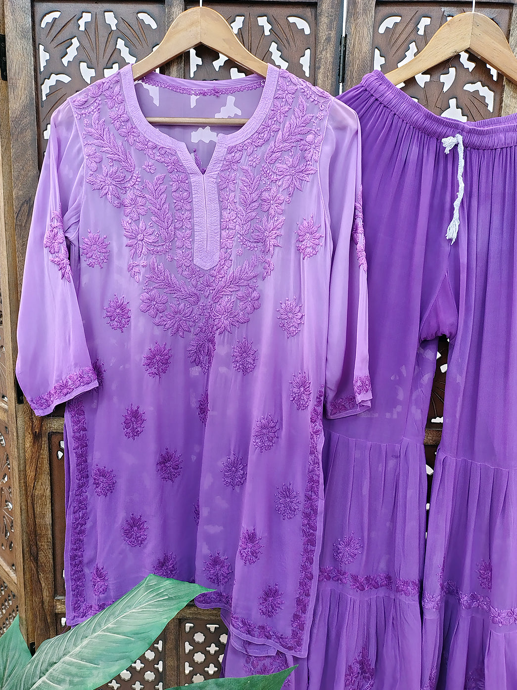 Purple Viscose Chikankari Straight Kurti Garara Set