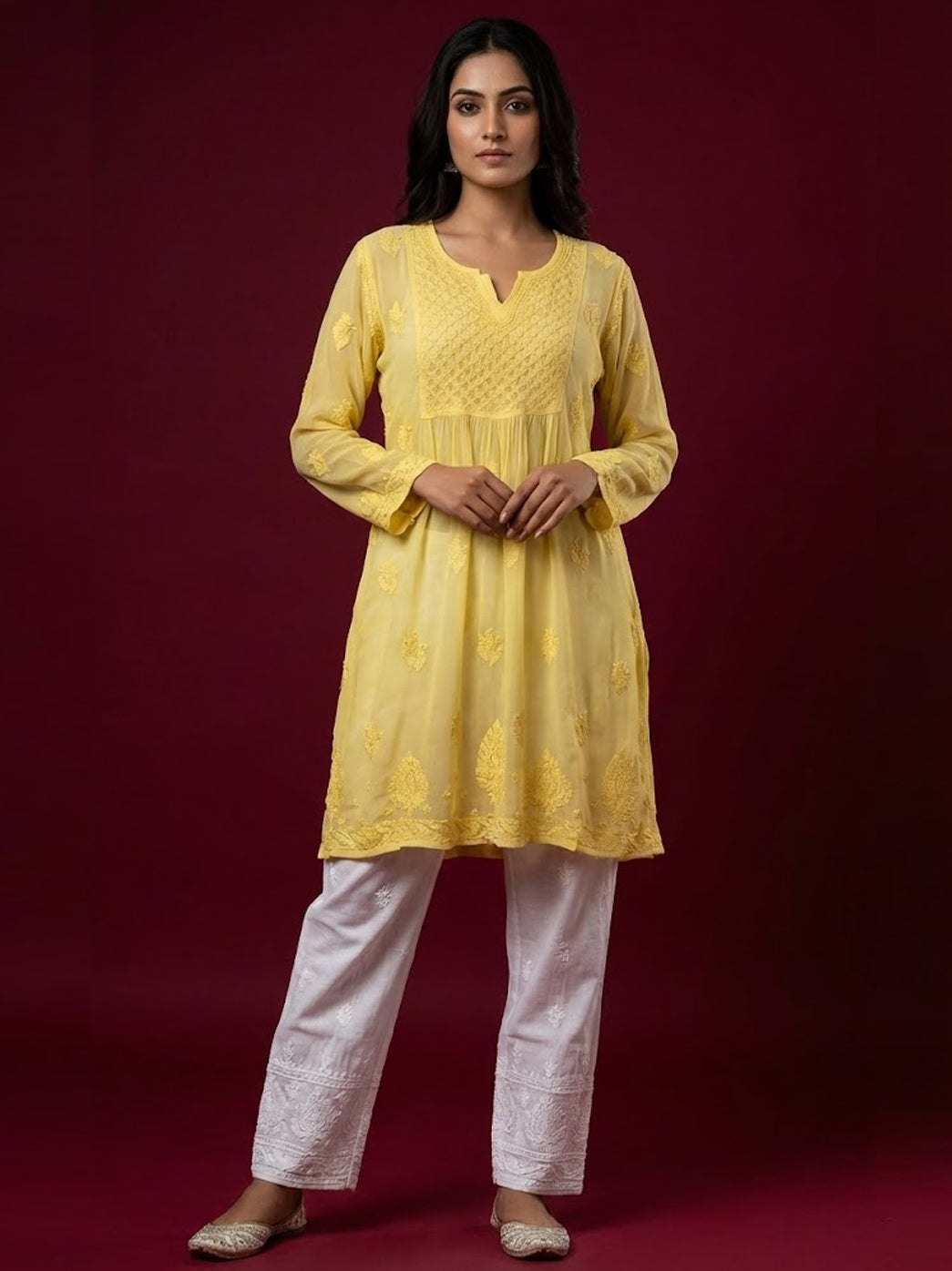 Yellow Viscose Chikankari Short Top