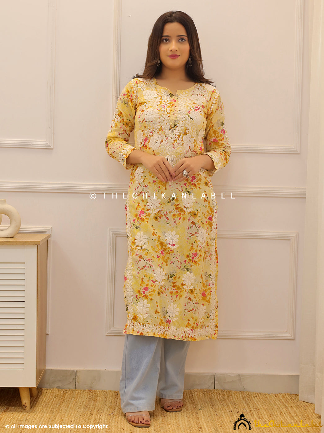 Yellow Dhita Mulmul Printed Chikankari Straight Kurti