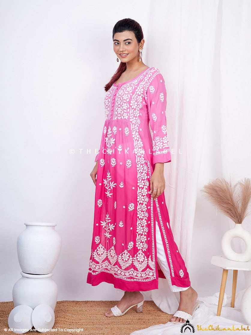 Pink Vidhi Muslin Chikankari Straight Kurti