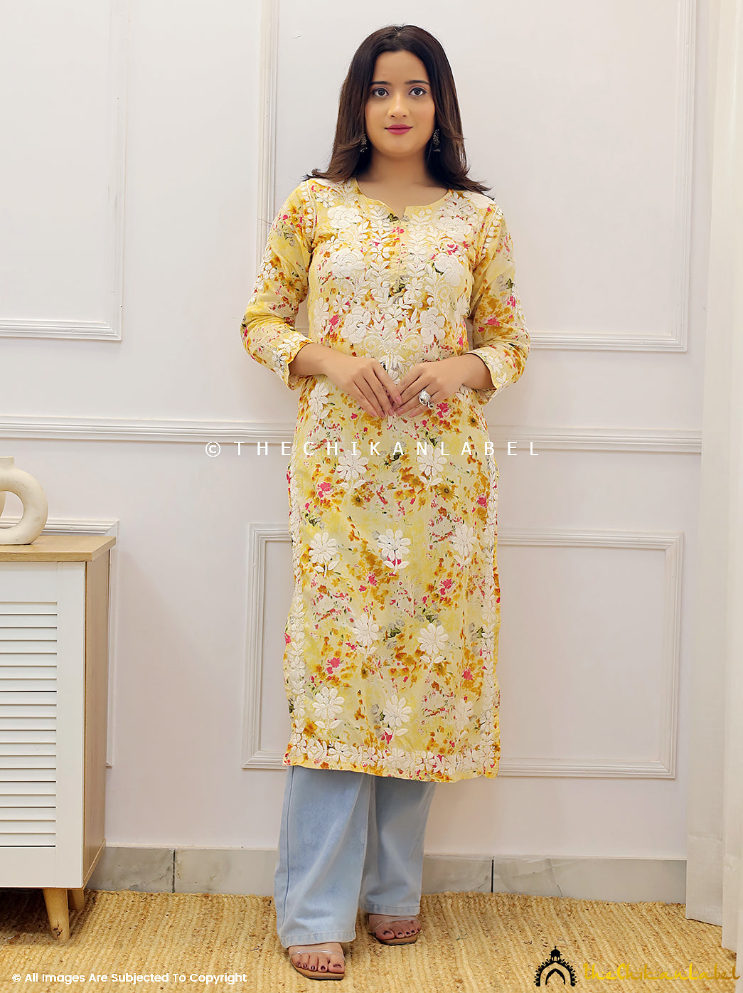 Yellow Dhita Mulmul Printed Chikankari Straight Kurti