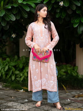 Peach Inaya Rayon Chikankari Straight Kurti