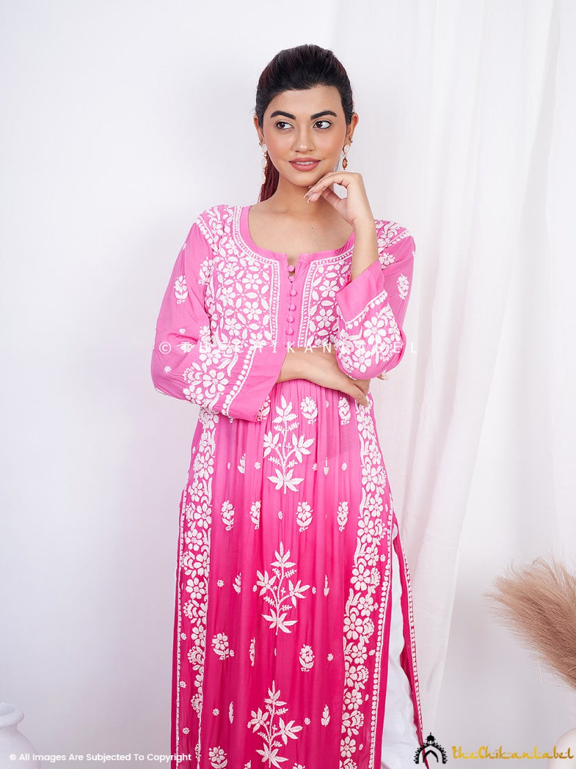 Pink Vidhi Muslin Chikankari Straight Kurti