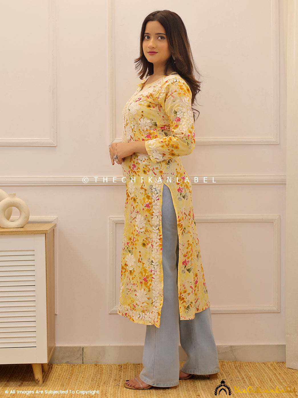 Yellow Dhita Mulmul Printed Chikankari Straight Kurti