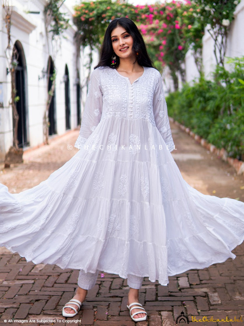 White Muslin Masakkali Tier Gown Lucknowi Chikankari Flare Kurti