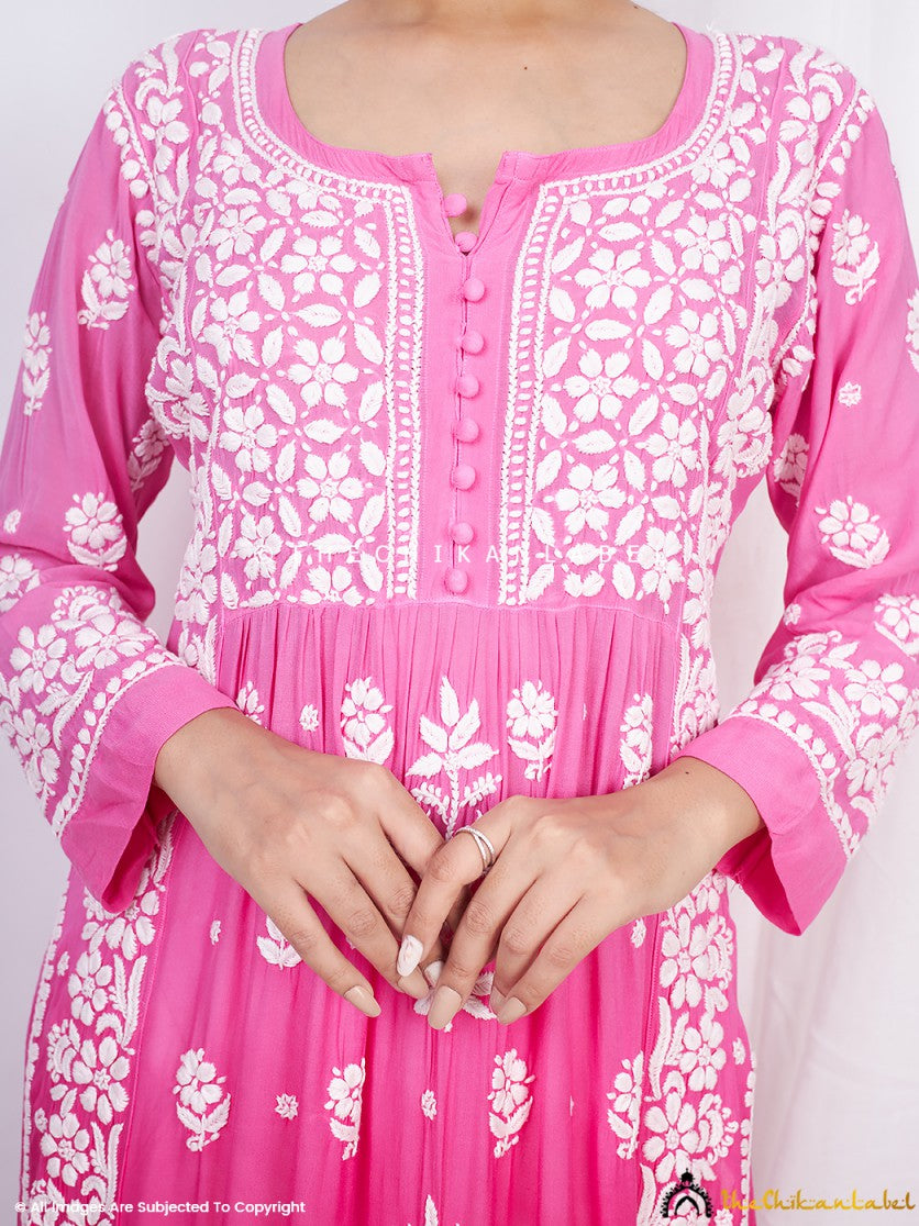 Pink Vidhi Muslin Chikankari Straight Kurti