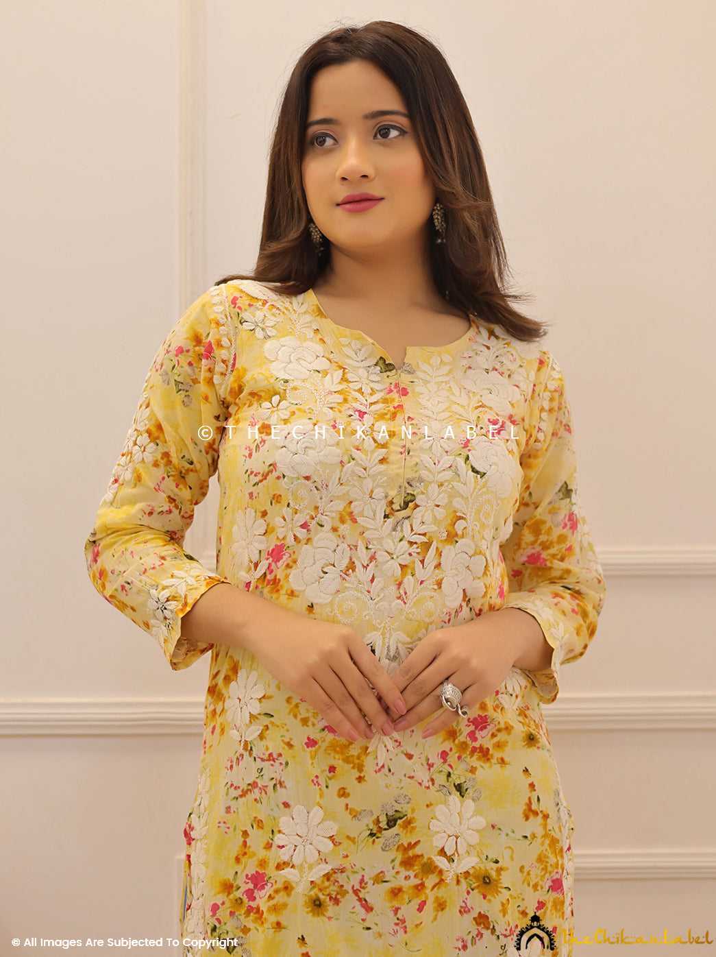 Yellow Dhita Mulmul Printed Chikankari Straight Kurti