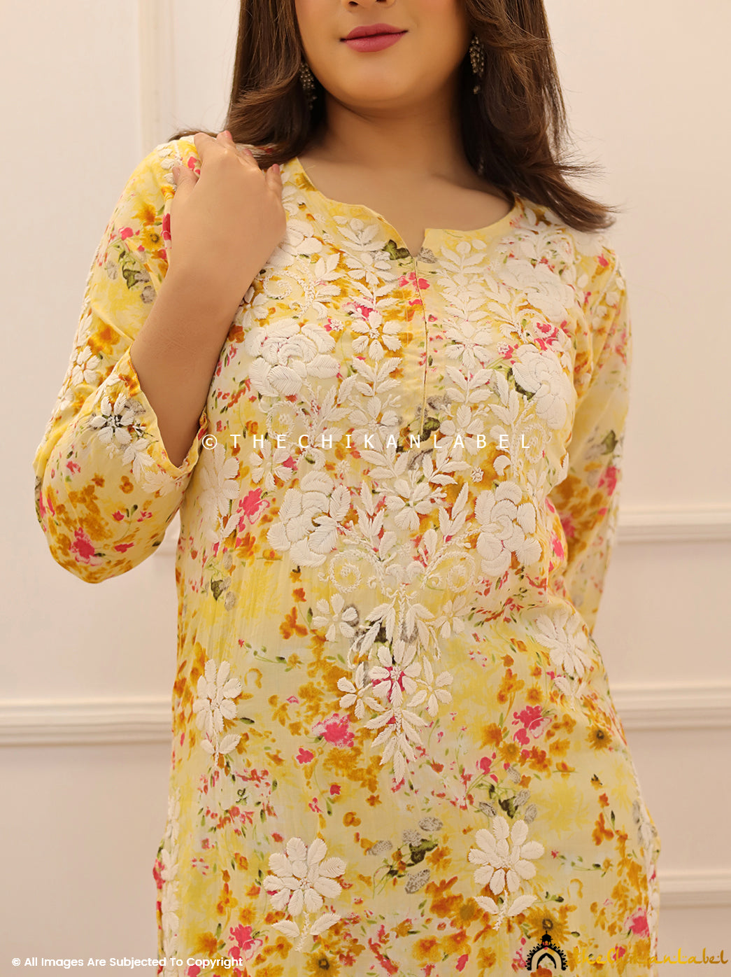 Yellow Dhita Mulmul Printed Chikankari Straight Kurti