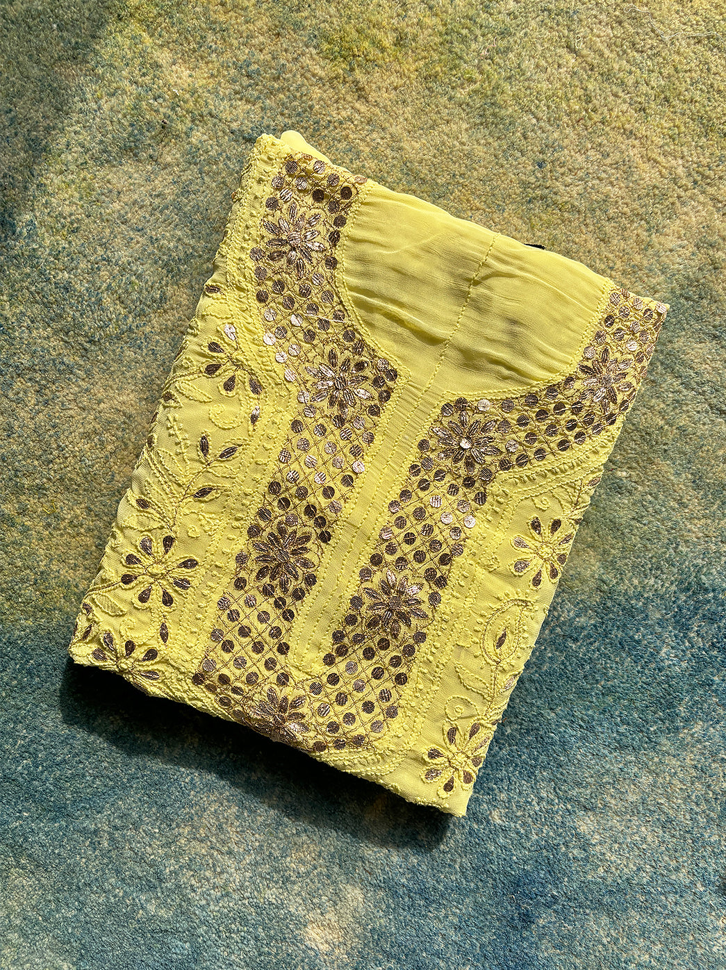 Lime Yellow Shiza Viscose Un-Stitched Chikankari Gota Patti Suit