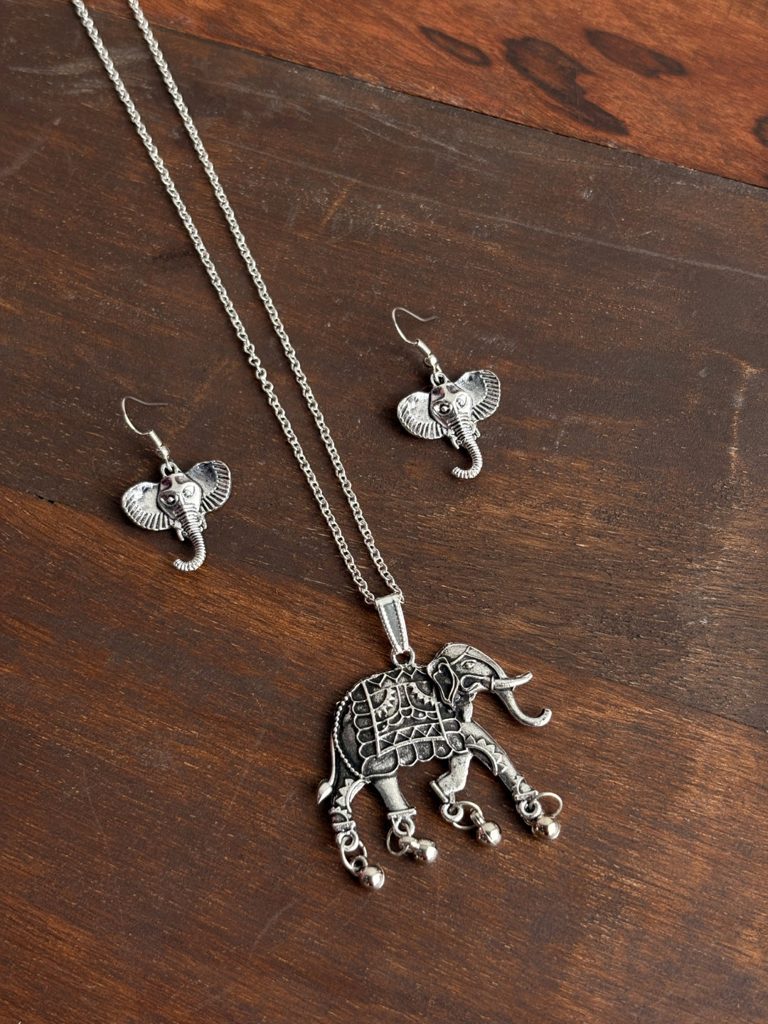 Gajraj Oxidised Silver-Tone Elephant Pendant Necklace & Earrings Set